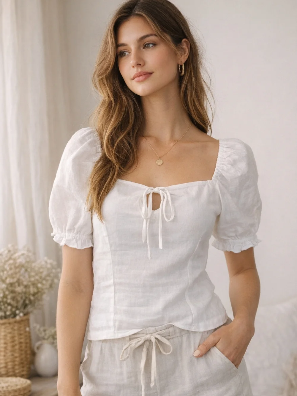 H&M 100% Linen Puff Sleeve Tie Front Top White Cottagecore Clean Girl Boho M - Picture 16 of 16